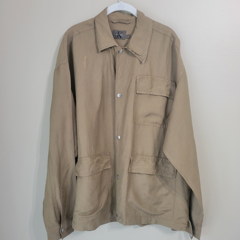 CK Calvin Klein Tan Linen Blend Utility Jacket Shirt Size Medium